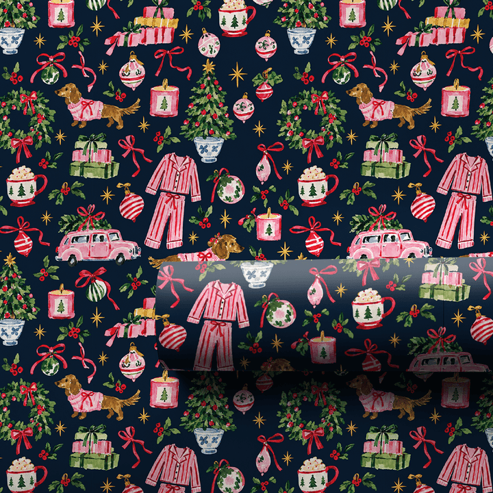 Doxie Pajama Party Navy - Wrapping Paper - Aspen & Arlo
