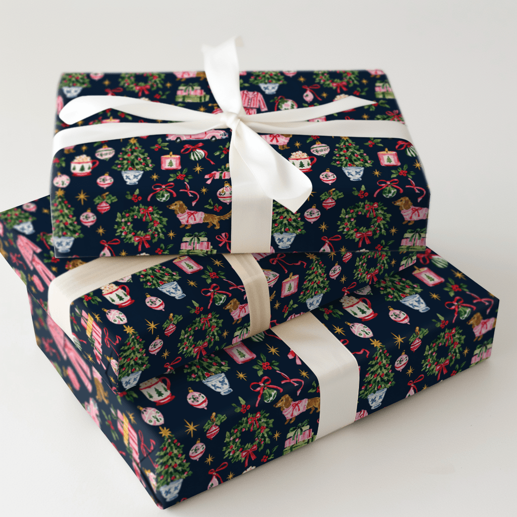 Doxie Pajama Party Navy - Wrapping Paper - Aspen & Arlo