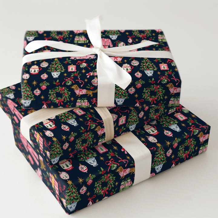 Doxie Pajama Party Navy - Wrapping Paper - Aspen & Arlo