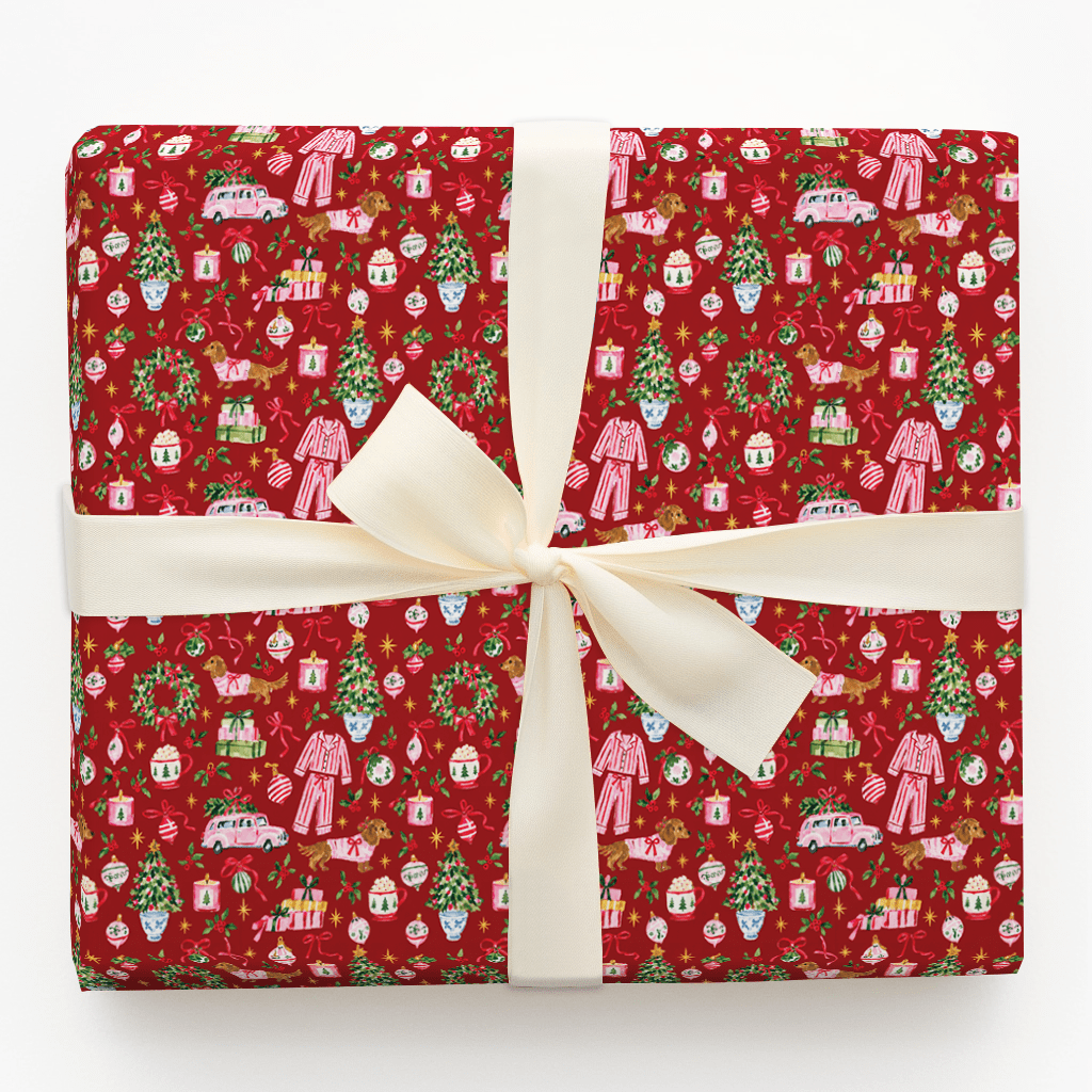 Doxie Pajama Party Cranberry - Wrapping Paper - Aspen & Arlo