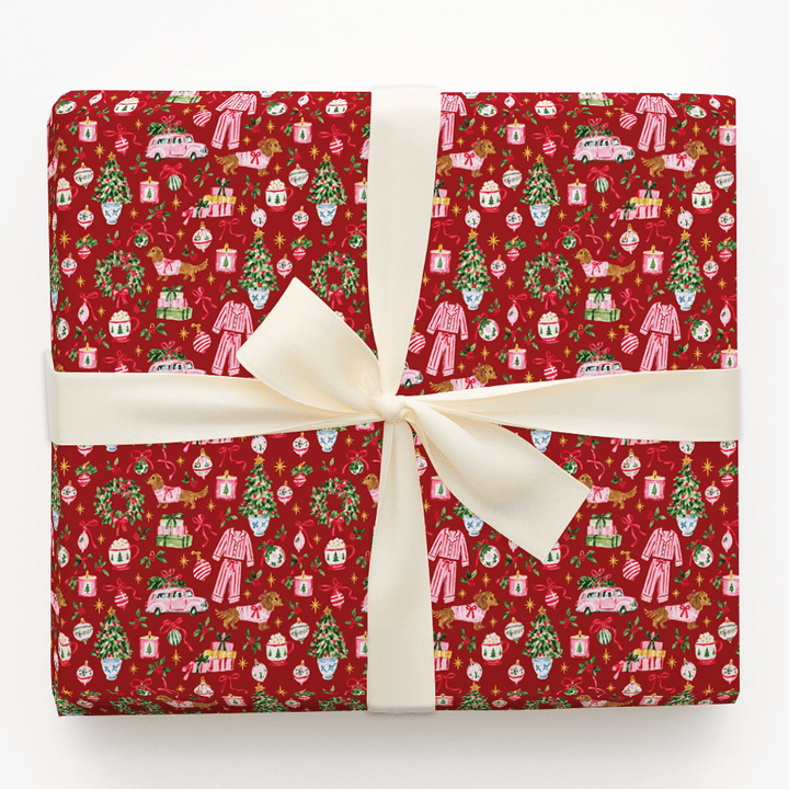 Doxie Pajama Party Cranberry - Wrapping Paper - Aspen & Arlo