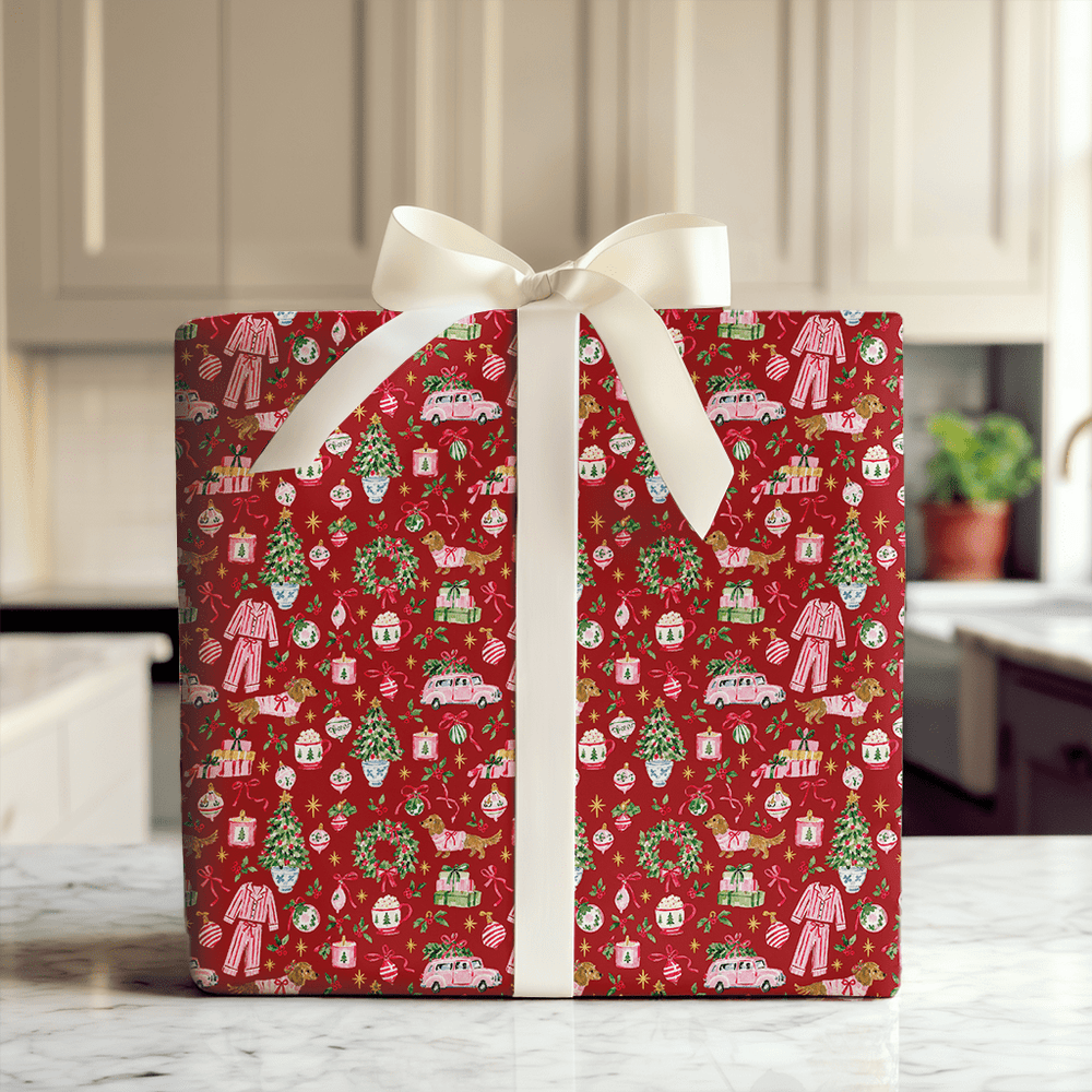 Doxie Pajama Party Cranberry - Wrapping Paper - Aspen & Arlo