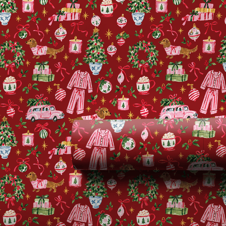 Doxie Pajama Party Cranberry - Wrapping Paper - Aspen & Arlo