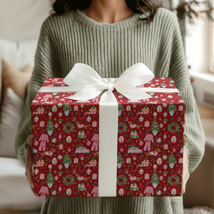 Doxie Pajama Party Cranberry - Wrapping Paper - Aspen & Arlo