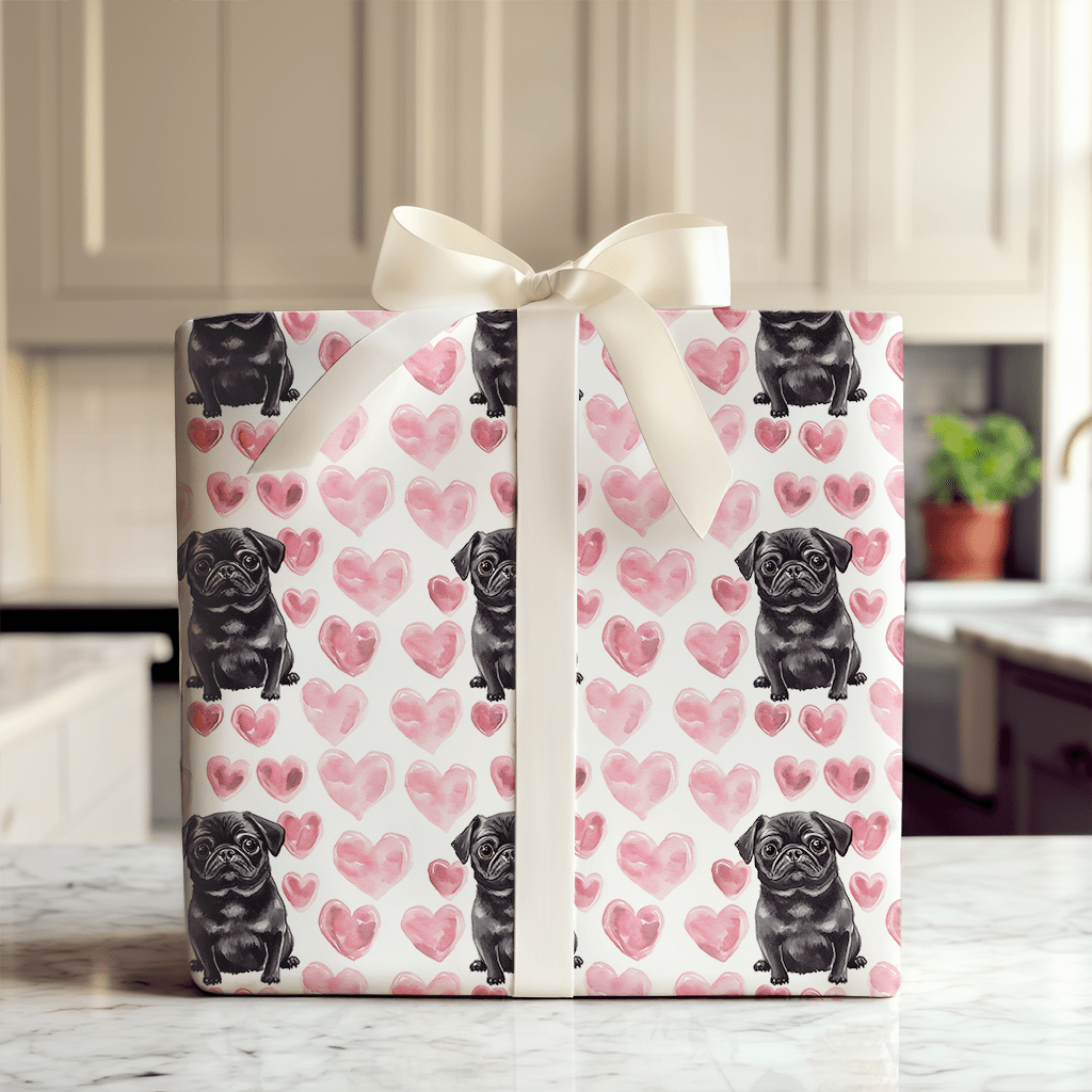 Black Pug Valentine - Wrapping Paper - Aspen & Arlo