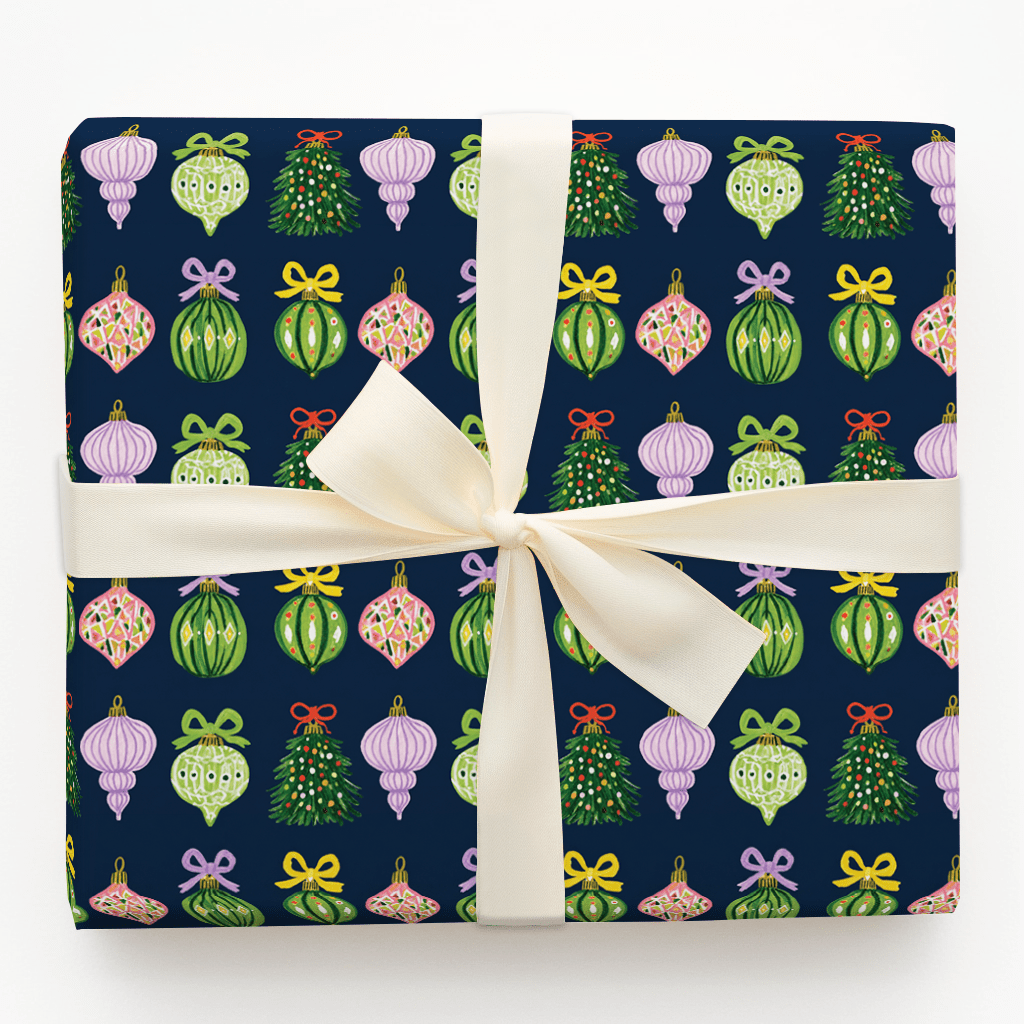 Ribboned Ornaments Navy - Wrapping Paper - Aspen & Arlo