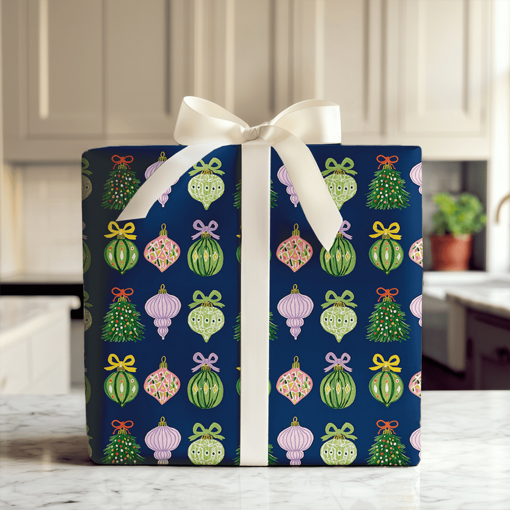 Ribboned Ornaments Navy - Wrapping Paper - Aspen & Arlo