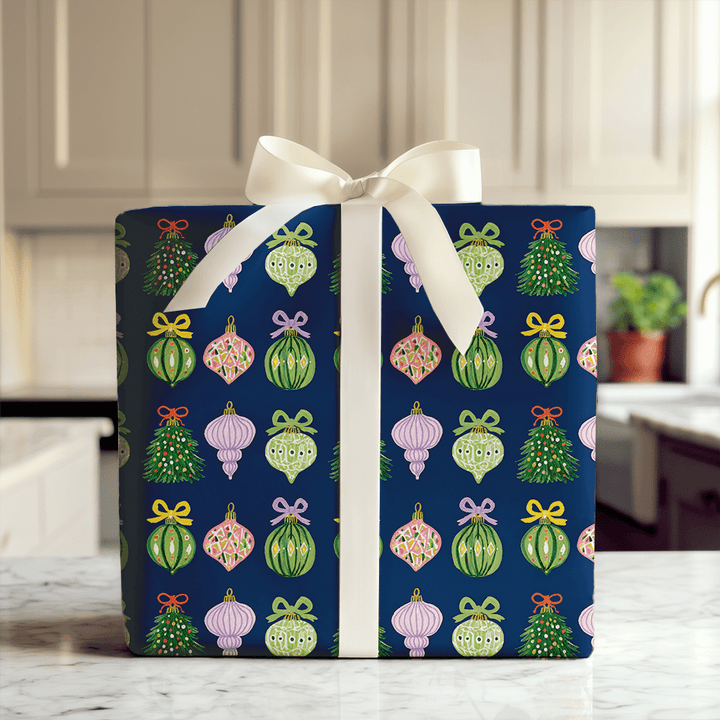 Ribboned Ornaments Navy - Wrapping Paper - Aspen & Arlo
