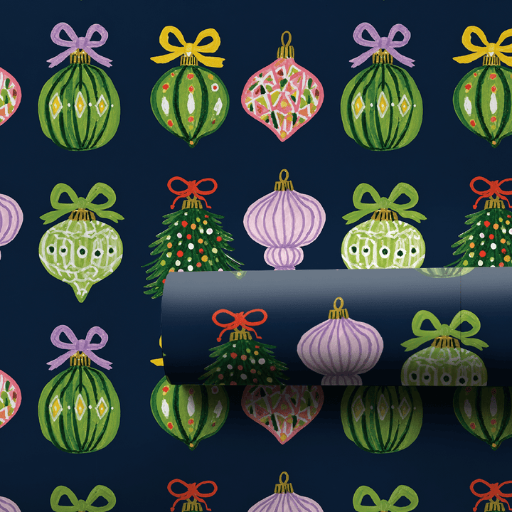 Ribboned Ornaments Navy - Wrapping Paper - Aspen & Arlo