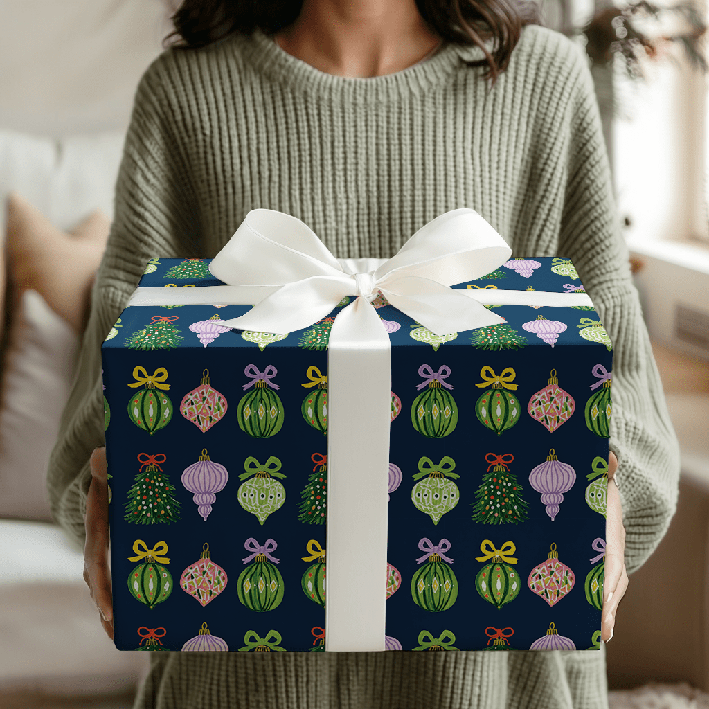 Ribboned Ornaments Navy - Wrapping Paper - Aspen & Arlo