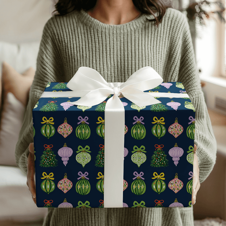 Ribboned Ornaments Navy - Wrapping Paper - Aspen & Arlo