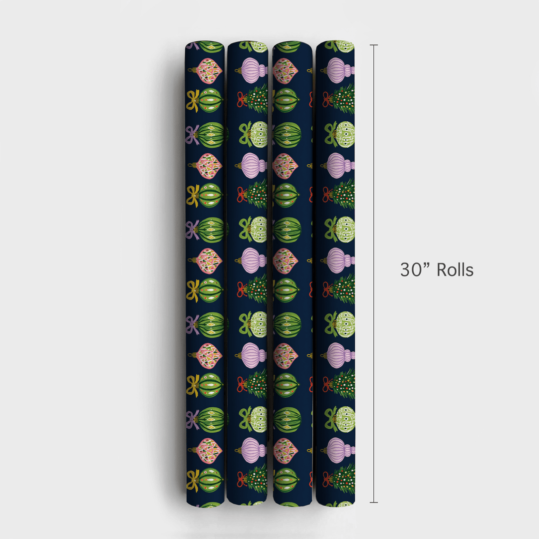 Ribboned Ornaments Navy - Wrapping Paper - Aspen & Arlo