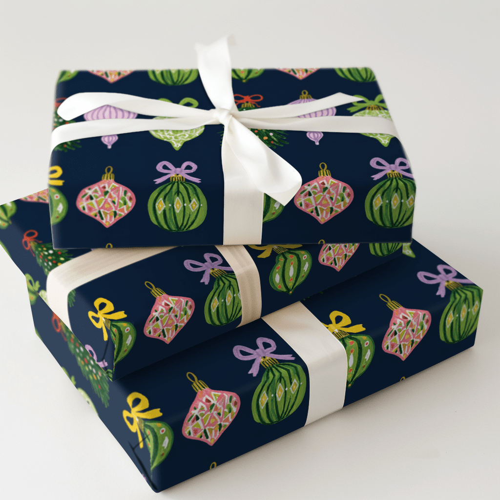 Ribboned Ornaments Navy - Wrapping Paper - Aspen & Arlo