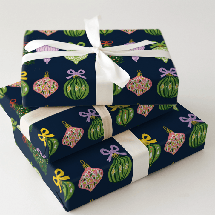 Ribboned Ornaments Navy - Wrapping Paper - Aspen & Arlo