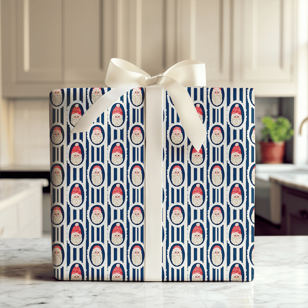 Santa Cameo Stripe Navy - Wrapping Paper - Aspen & Arlo