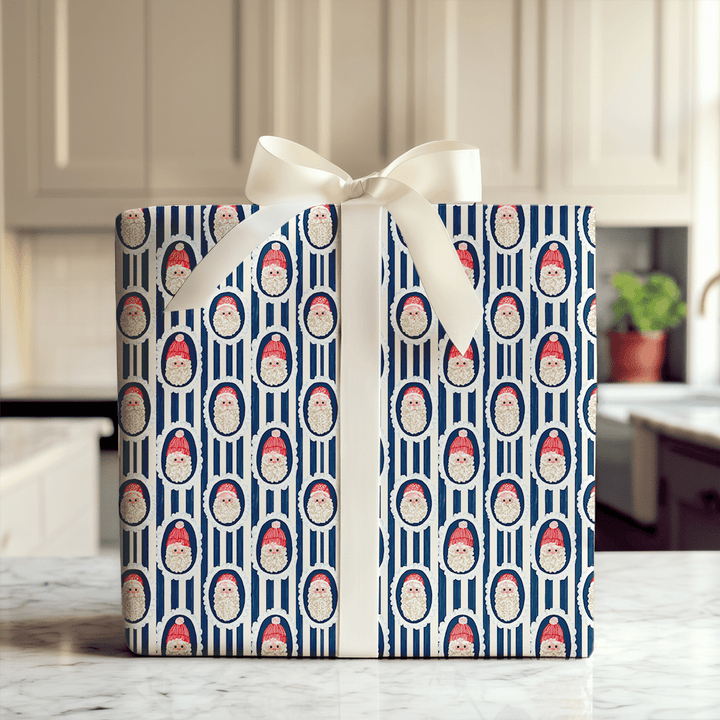 Santa Cameo Stripe Navy - Wrapping Paper - Aspen & Arlo