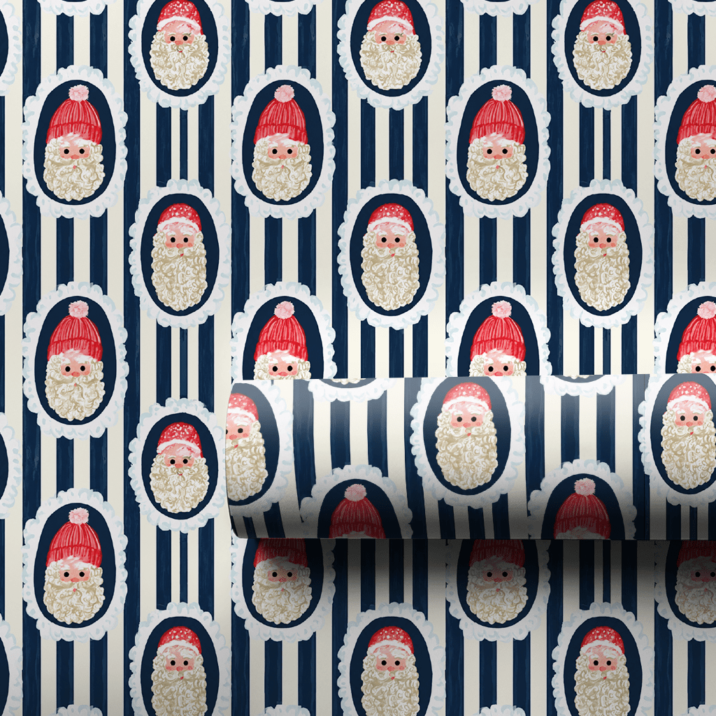 Santa Cameo Stripe Navy - Wrapping Paper - Aspen & Arlo