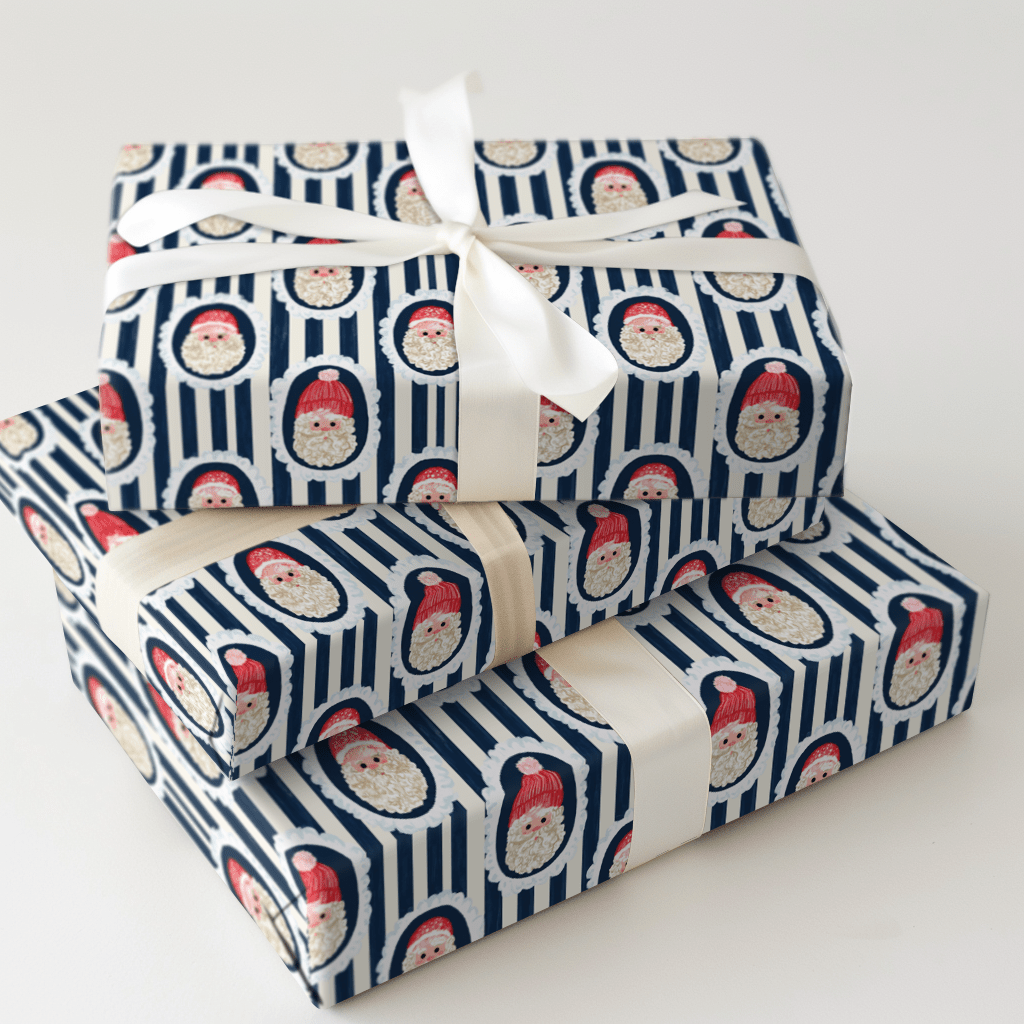 Santa Cameo Stripe Navy - Wrapping Paper - Aspen & Arlo