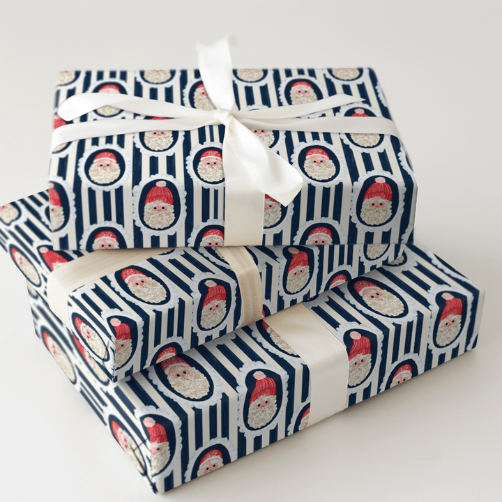 Santa Cameo Stripe Navy - Wrapping Paper - Aspen & Arlo