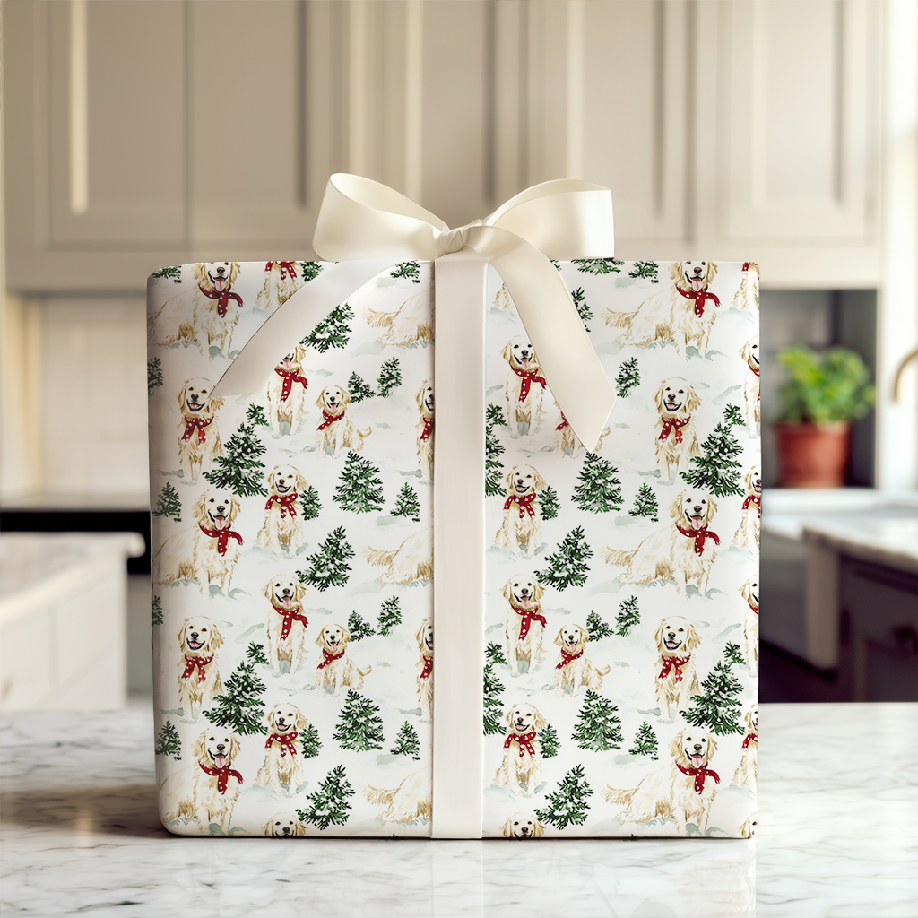 Snow Day for White Goldens Wrapping Paper: Golden Retriever Dog