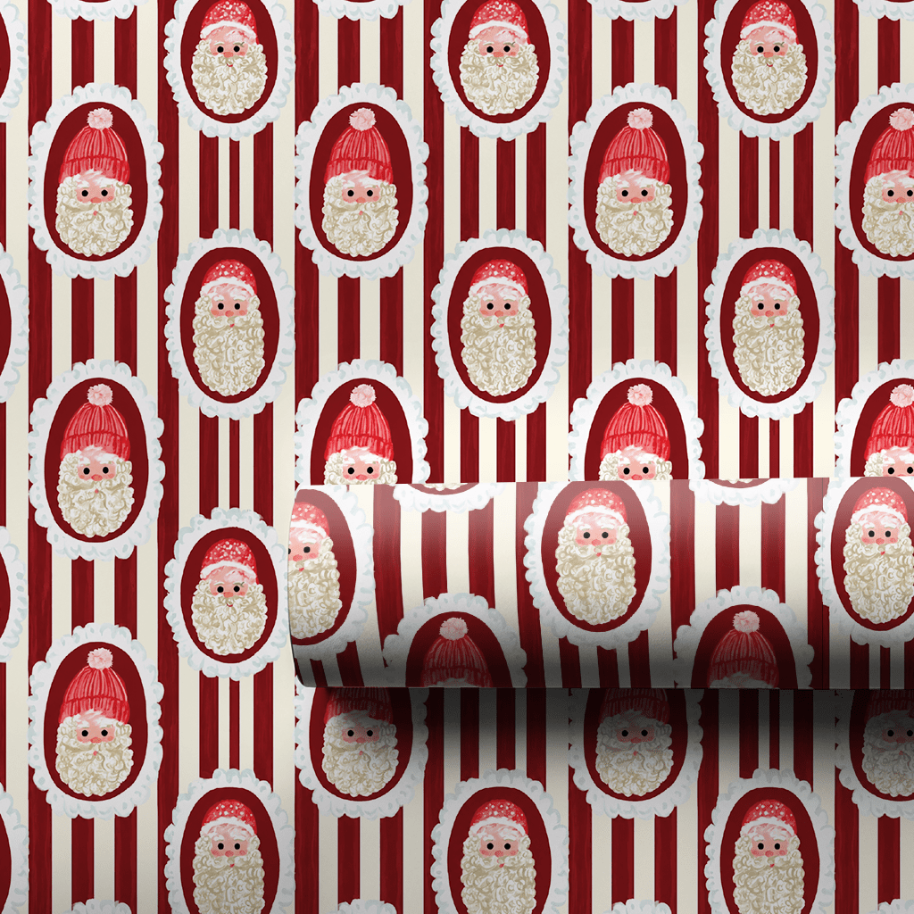 Santa Cameo Stripe Cranberry - Wrapping Paper - Aspen & Arlo