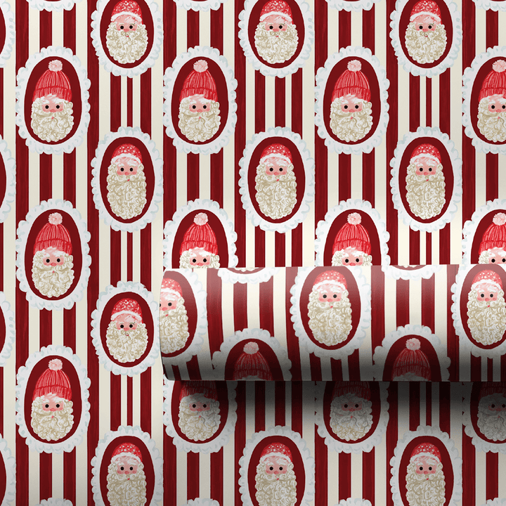 Santa Cameo Stripe Cranberry - Wrapping Paper - Aspen & Arlo