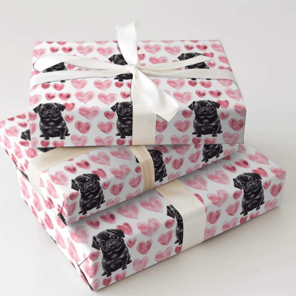 Black Pug Valentine - Wrapping Paper - Aspen & Arlo